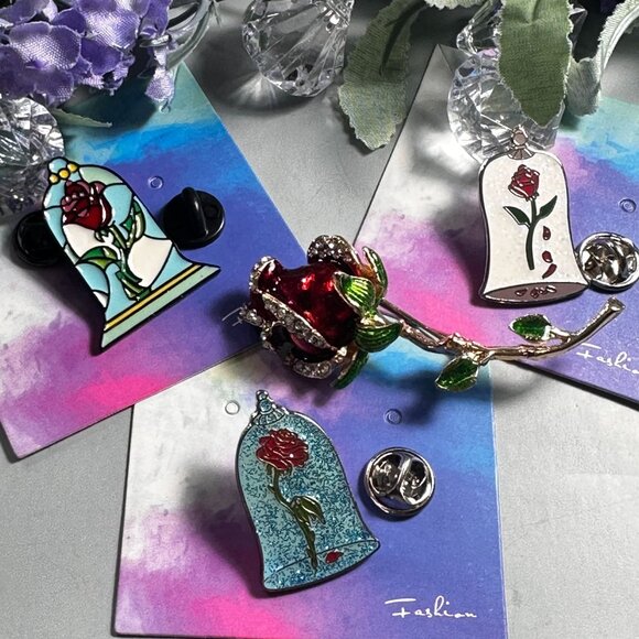 Beauty Beast Rose Lapel Pin Belle Princess Brooch Badge Accessories Jewelry Set - Picture 2 of 6